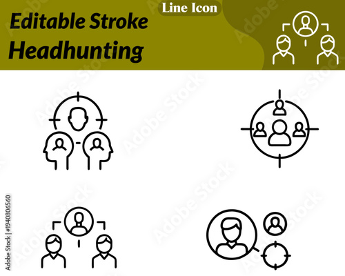Clean flat vector icon featuring a human profile with a target crosshair and a magnifying glass. Symbolizing talent search recruitment and candidate selection. Minimalist design smooth lines.