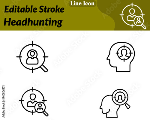 Minimal flat vector icon featuring a human head silhouette with a magnifying glass and target mark. Symbolizing talent search recruitment and candidate selection. Clean lines, simple design modern.
