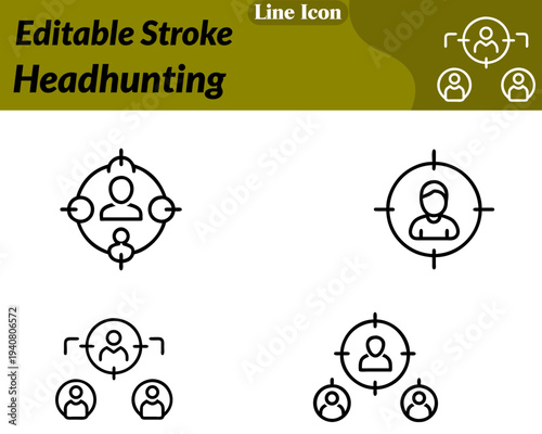 Minimal flat vector icon featuring a human head silhouette with a magnifying glass and target mark. Symbolizing talent search recruitment and candidate selection. Clean lines, simple design modern.