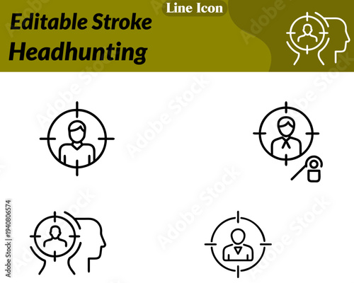 Minimal flat vector icon featuring a human profile with a magnifying glass and target mark. Symbolizing talent search recruitment and candidate selection. Clean lines simple design professional blue.