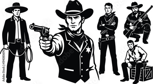 Retro western vector group of five cowboys sheriff aiming revolver close up with lasso rifle seated man dramatic pose bold