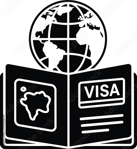 A black and white icon of an open passport with visa and map, globe on top