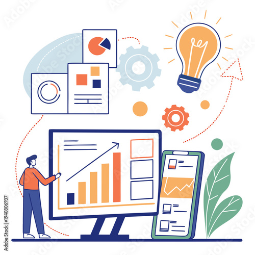 Person analyzing data charts on computer and phone with lightbulb for idea generation and business concept