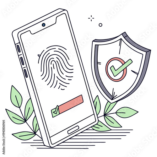 Smartphone with fingerprint scan for biometric security and verification, protected by a shield icon