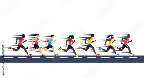 Seven diverse male and female runners are depicted sprinting with speed lines on an asphalt road against a white background.