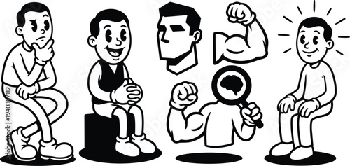 Retro cartoon vector set showing expressive male characters thinking smiling flexing brain magnifier and idea rays black and white pose