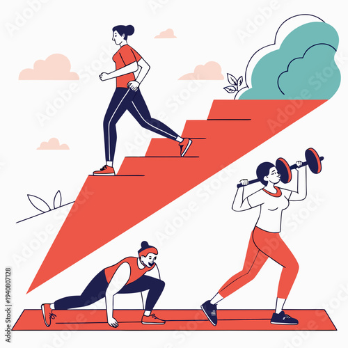 Fitness and exercise illustration: women running, lifting weights, and doing burpees for a healthy lifestyle