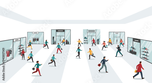 Numerous stylized individuals are actively running through a brightly lit, expansive shopping mall with multiple retail storefronts.