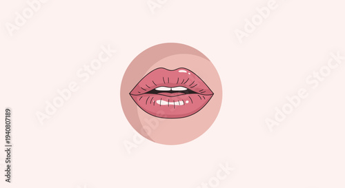 A stylized illustration features glossy, pink, slightly parted lips with visible teeth, enclosed within a soft pink circular frame.