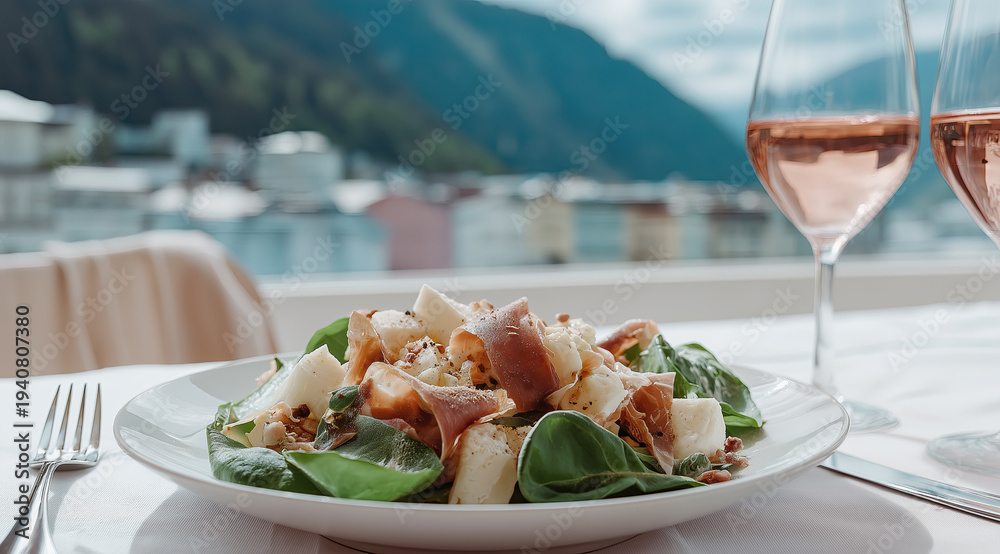 Obraz premium Fresh prosciutto mozzarella salad with rosé wine on balcony overlooking scenic mountain landscape.