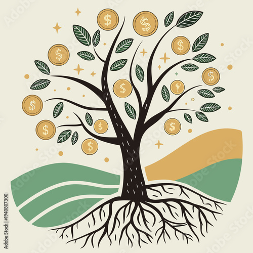 Money tree with gold dollar coins, representing financial growth, wealth, and investment