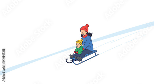 A smiling mother and child are happily sledding down a gentle, snow-covered slope on a blue sled.