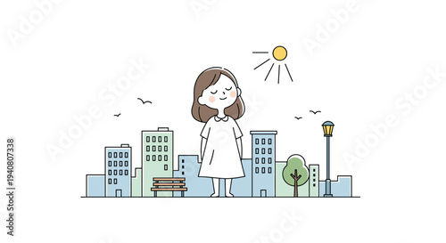 A cartoon girl with closed eyes stands peacefully in a simplified urban landscape under a bright sun with birds flying.