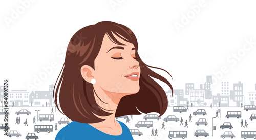 A serene woman with closed eyes and wind-blown brown hair stands in front of a bustling, monochromatic city street filled with vehicles and people.