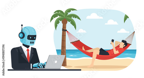 A blue robot in a business suit works on a laptop at a desk while a man relaxes in a red hammock on a tropical beach.