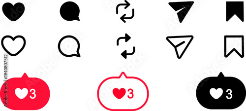 Set of modern social media interface icons, minimalist vector symbols for engagement and interaction, digital communication elements for mobile app design