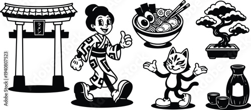 Retro cartoon 90s walking geisha in kimono with torii gate ramen bowl cat mascot bonsai sake set black and white