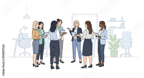 Seven diverse businesswomen in professional attire are standing and conversing while holding tablets in a brightly lit modern office setting.