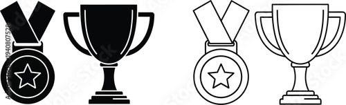 Trophy medal icons awards winners isolated on transparent background, Vector