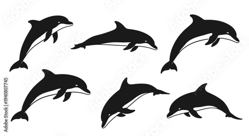 Group of Silhouettes of Dolphins Swimming in Ocean Water