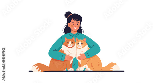 A tender flat vector illustration captures a woman with dark hair, wearing a teal sweater, affectionately hugging two fluffy orange and white cats.