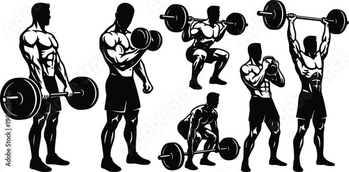 Tattoo flash muscular men performing barbell and dumbbell lifts in multiple poses side view high contrast vector art silhouette stencil