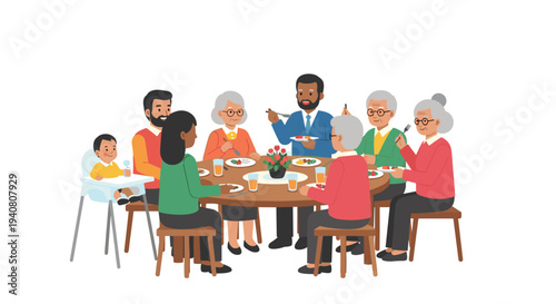 A heartwarming flat vector illustration portrays a diverse, multi-generational family of eight individuals, including a baby, sharing a joyful meal around a round wooden dining table.