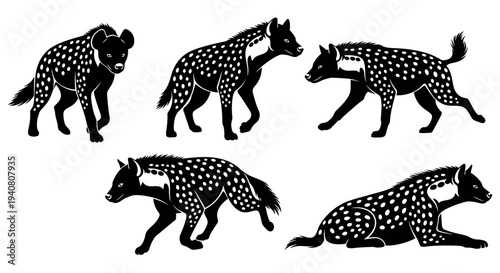 Hyena Silhouettes Collection: Diverse Poses of African Predators in Black and White