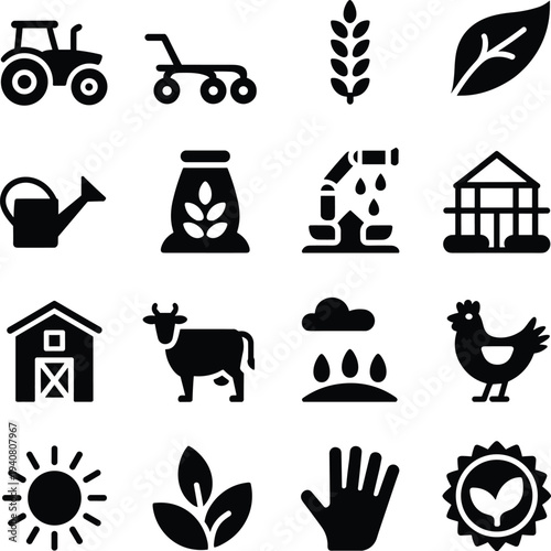 Minimalist agriculture and farming vector icon set for industry