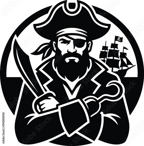 Tattoo flash close up bearded pirate with eyepatch hook and cutlass and ship silhouette in circular badge bold high contrast