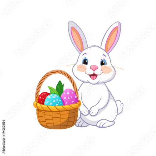 White rabbit holding a basket of Easter eggs, isolated, no background