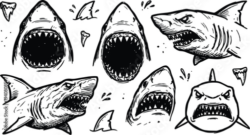 Tattoo flash aggressive shark head sketches multiple angles gaping jaws dorsal fin close up ink line art composition menacing bold