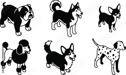 Flat design black and white dog icon set six breeds front and side view playful tongue out standing sitting running