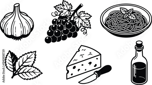 Line art vector food icons garlic grapes pasta bowl cheese wedge olive oil bottle on white background top view