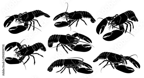 Lobster Silhouette Pattern, Seafood Ingredient, Marine Life, Black and White Graphic