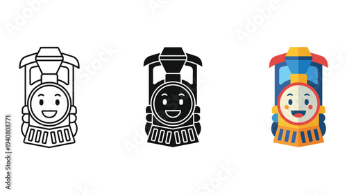 Cartoon train illustrations in different styles, black and white and color