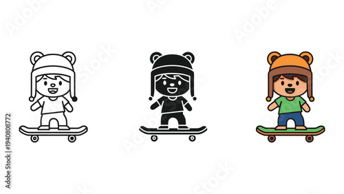 Cute cartoon characters riding skateboards, diverse illustration styles