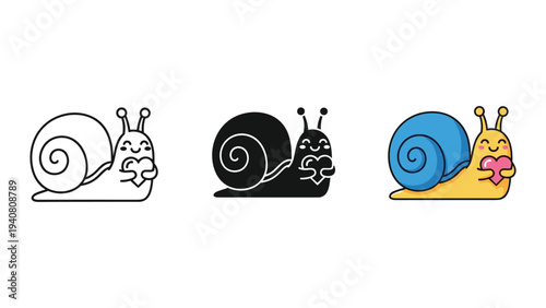 Three cartoon snails in different colors side by side