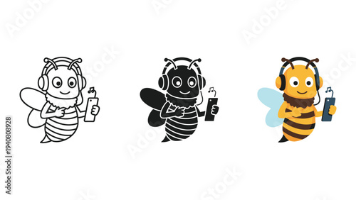 Cartoon bees in black and white and color holding spray bottles
