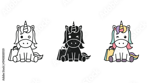 Unicorn cartoon character in different styles: outline, black and white, and colored