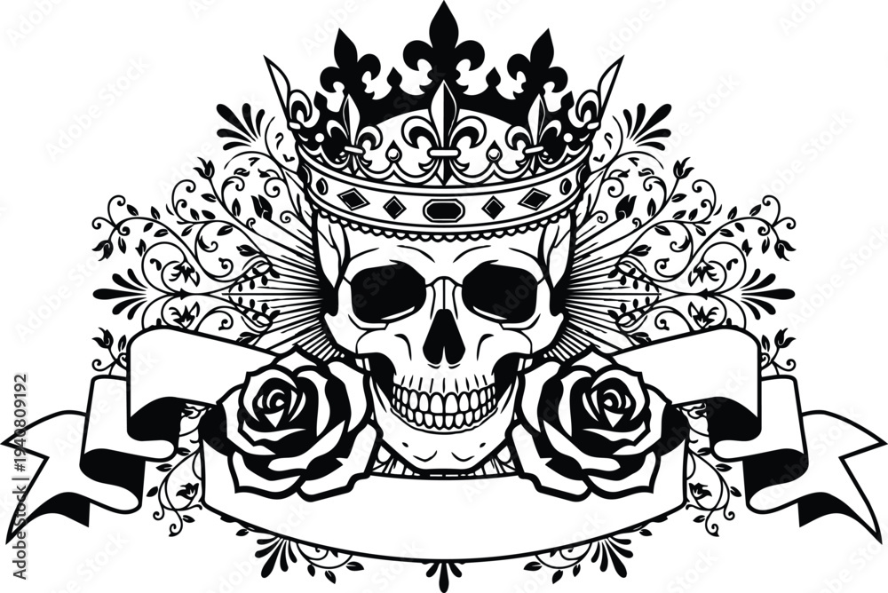 Fototapeta premium Tattoo flash crowned skull with two roses holding a blank banner front view ornate filigree black and white vector art