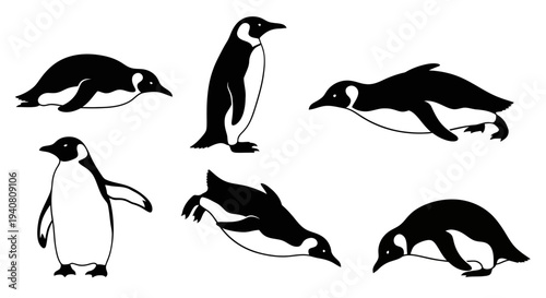 Penguin Poses Collection: Diverse Actions of Emperor Penguins in Black and White