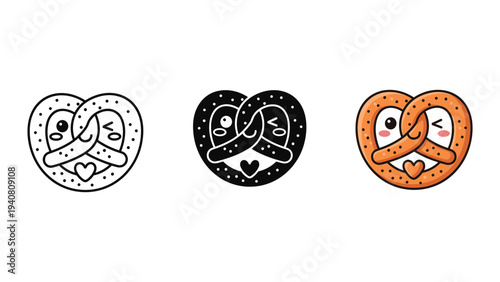 Hand drawn pretzel illustrations in heart shape, set of three