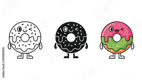 Three cartoon donuts with different glazes and facial expressions