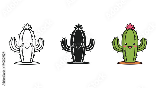 Cute cartoon cacti in different styles on white background