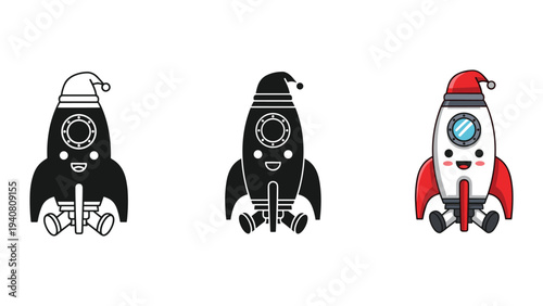 Cartoon rockets with astronauts inside, isolated on white background