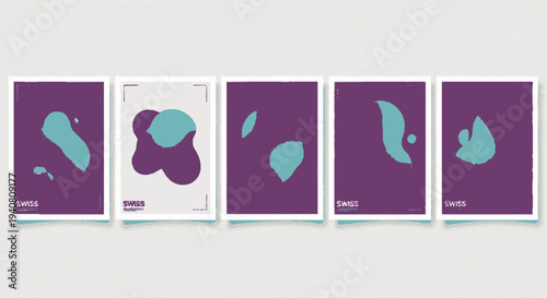 Abstract art posters with purple and teal shapes minimalist design elements modern graphic templates creative visual arrangements