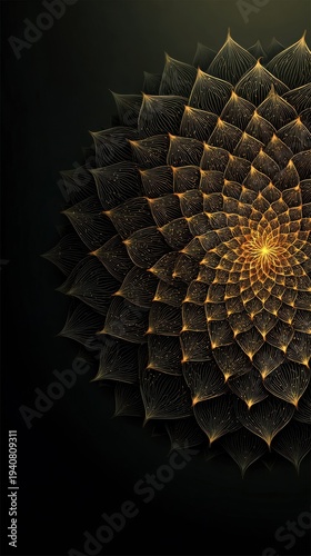 Spiraling petals create a geometric design based on the golden ratio set against a dark gradient, featuring large empty space at the bottom