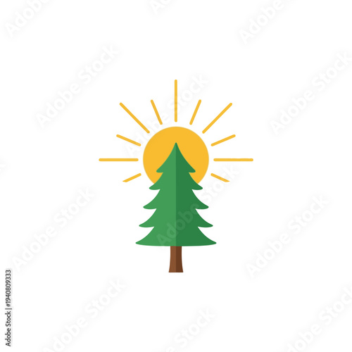 A minimal vector illustration featuring a vibrant green pine tree under a bright yellow sun with radiating rays on a white background, perfect for nature and eco-friendly designs