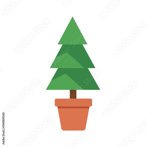 Modern flat design vector illustration of a small potted evergreen tree, ideal for seasonal decor, plant icons, or graphic holiday projects